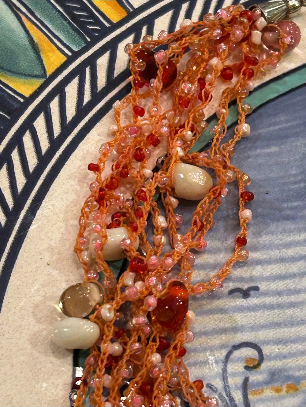 Vintage Necklace Red Branch Coral, Carnelian, glass Mermaid’s Tears woven thread